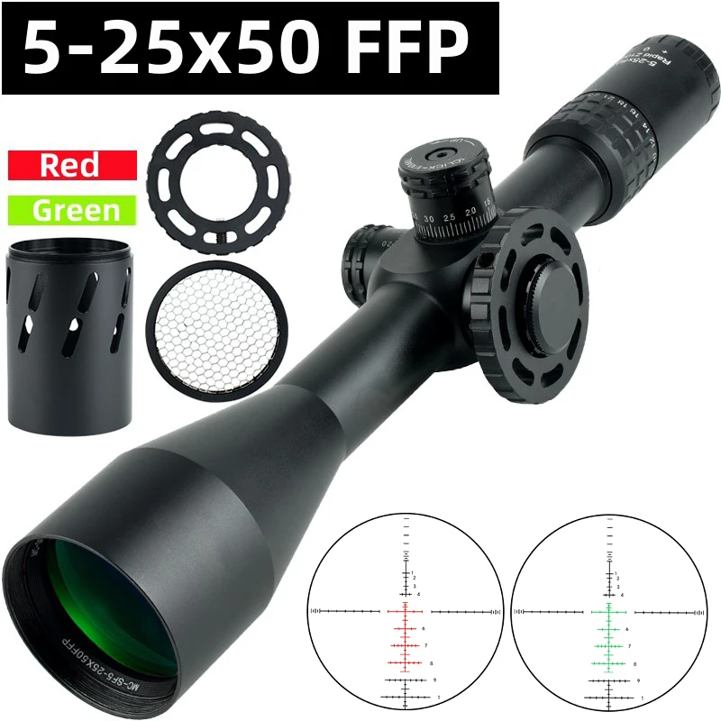 

5-25X50 FFP Hunting Riflescope Red/Green Dot Adjustable Airsoft Sight Tactical Optic Long Range Precision Shooting Scope