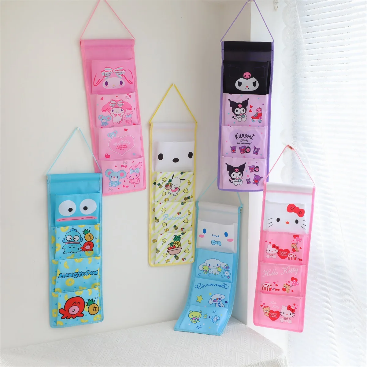 Hot Miniso Kawaii Hanging Hanging Bag Hello Kitty Cartoon Bedroom Wardrobe 4 Squares Storage Bag Cute Fashion Home Furnishings