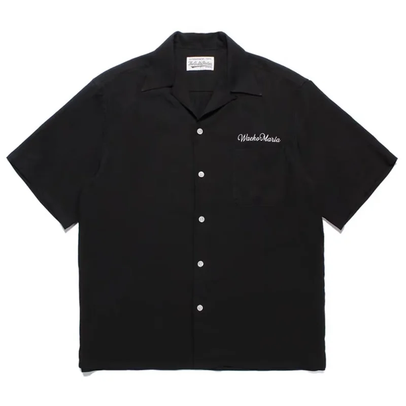 High-end Summer WACKO MARIA Solid Color Cursive wackomaria Embroidery Logo Simple Hawaii Short Sleeve Shirt