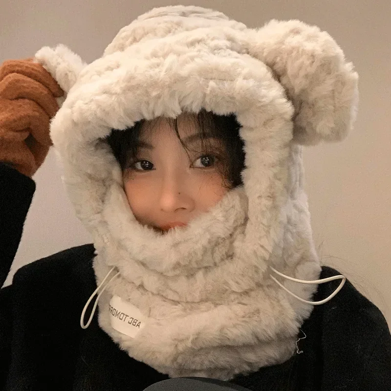 Cute Plush Bear Ears Ear Protection Women\'s Hats Winter Thickened Velvet Ski Cold Proof Neck Protection Warm Bomber Caps for Men