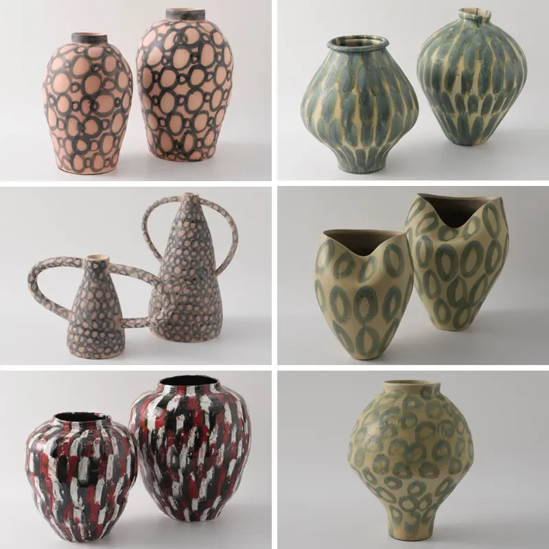 Modern Simple Painted Ceramic Vase Retro Pottery Flower Pot Home Hotel Soft Decoration Ornament for Living Room Bedroom Decor