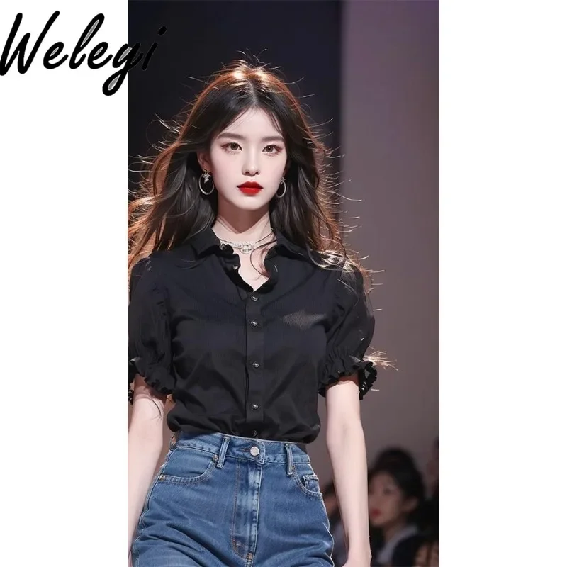 

This Year's Popular Beautiful Small Shirt 2024 Summer New Women's Camisas E Blusas Black Polo Collar Wooden Ear Short Sleeve Top