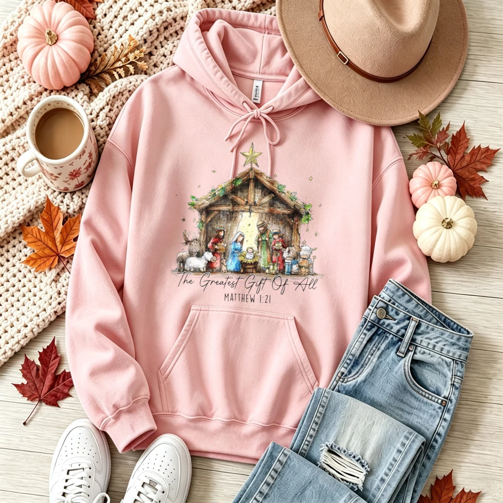 The Greatest Gift of All Nativity Scene Graphic Pullover Sweatshirt Bible Verse Star Manger Print Religious Christmas Winter Top