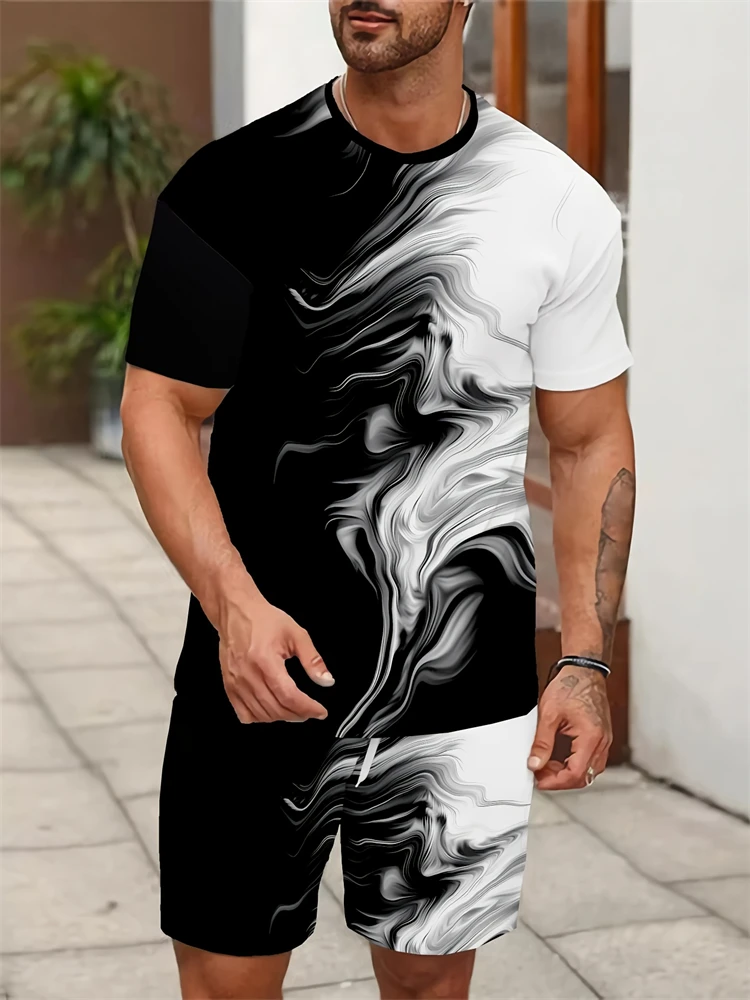 

2025 New Summer Men's Two-piece Black And White Texture Printing Pattern Breathable Suit Men's Outdoor Leisure Hawaii Suit