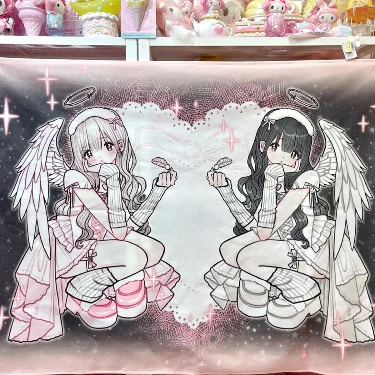 Cartoon Healing Angels Tapestry Maiden x Lace White Wings Pink and White Roses Bedroom Nursery Decoration