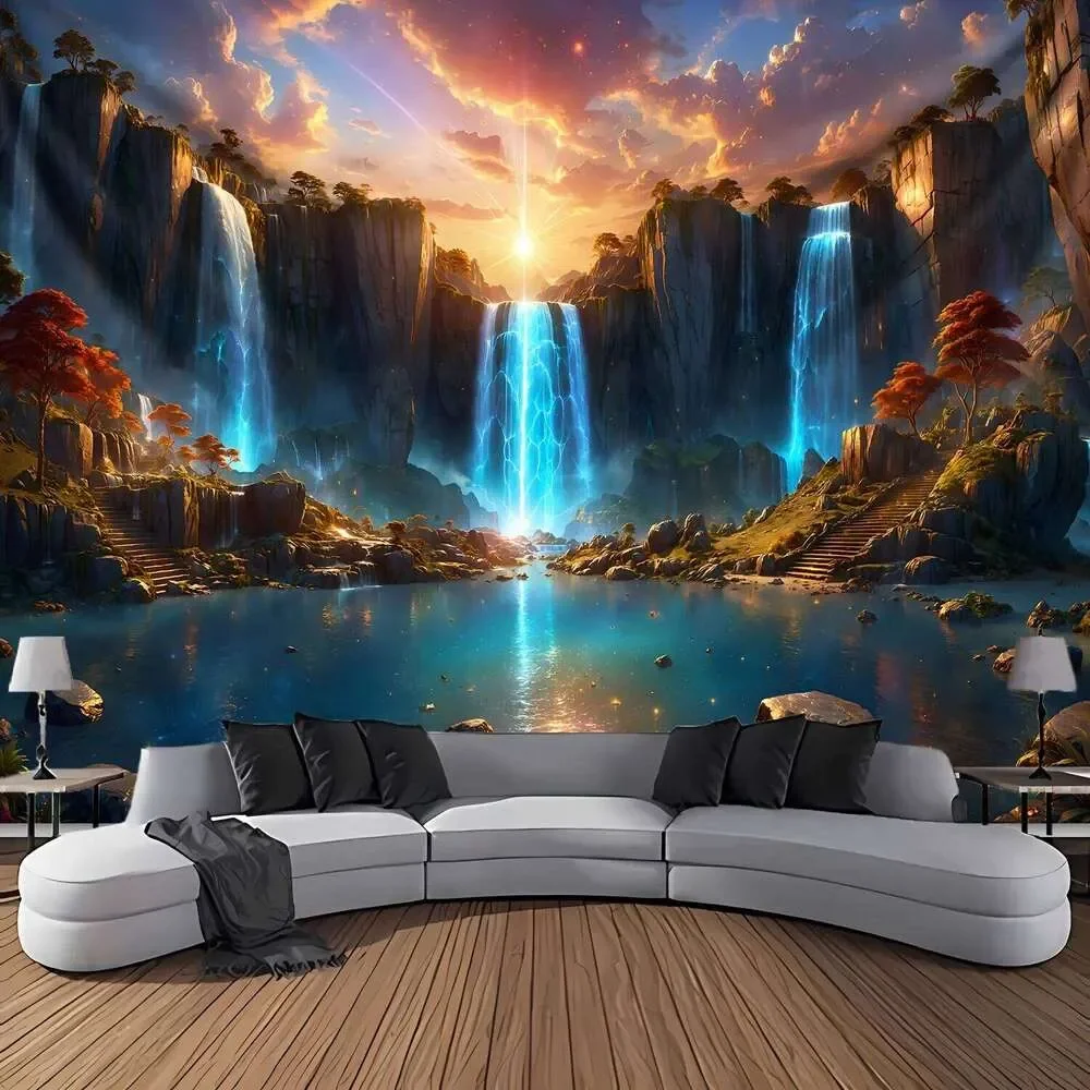 1pc Landscape Theme Waterfall Canyon Tapestry, Ultra Large Polyester Wall Hanging for Living Room Bedroom Office, Indoor Use 25T