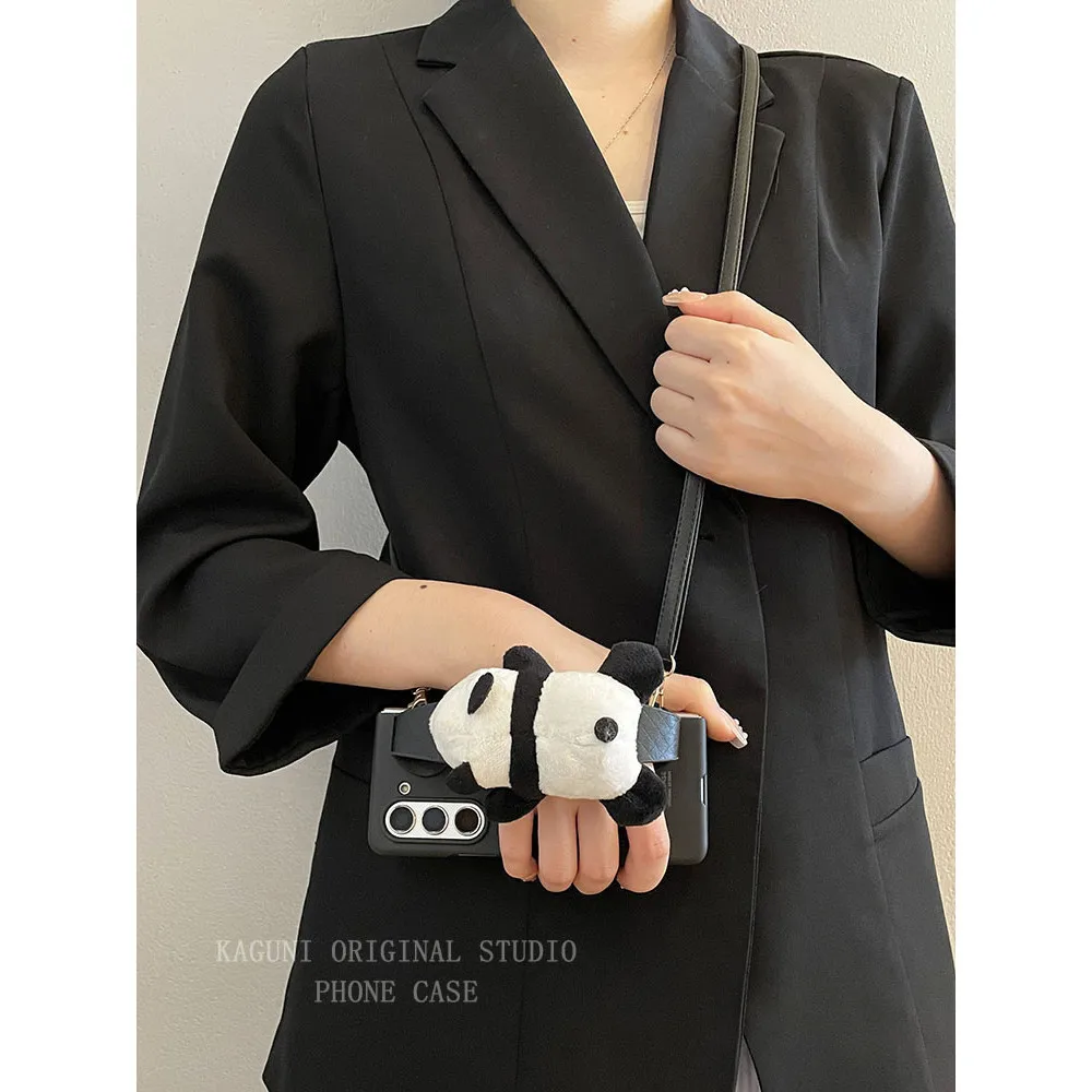 For Samsung Galaxy Z Fold 7 6 5 4 3 2 5G Cartoon Plush Panda Wristband Bracket Black Matte Case Cover With Crossbody Long Strap