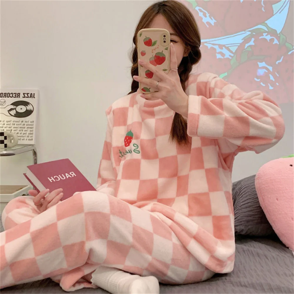 Autumn Winter Women Warm Flannel Fleecing Pyjamas Set Kawaii Cartoon Plaid Girls Homewear Long Sleeve Cute Sleepwear Night Suit