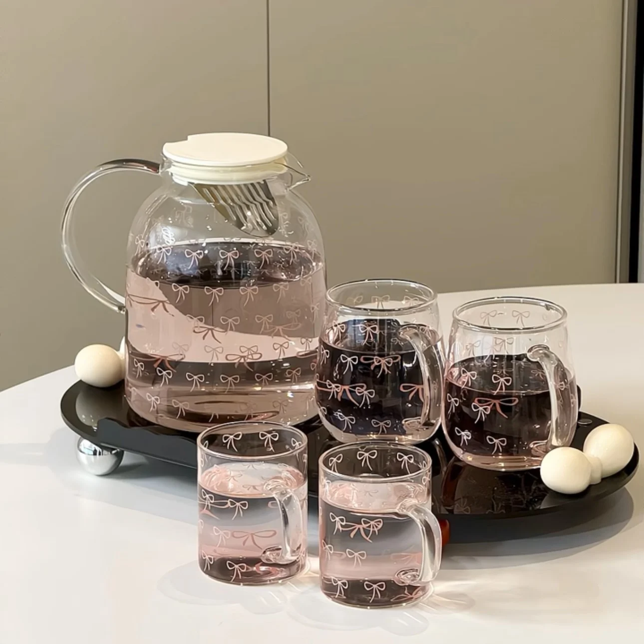 Bow  Patter  Water Glass Bottle Teapot Glass Cup with Bow Handle  Heat Resistant Glass Lover Tea Sets Kettle Water Cup Bottle