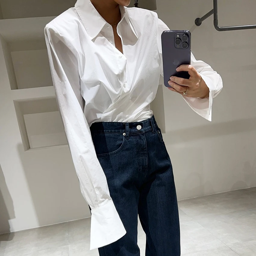 Linad elegante camisa blanca manga blusa elegante tejido abotonada Tops mujeres 2025 otoño Oficina señora camisas de manga larga Mujer