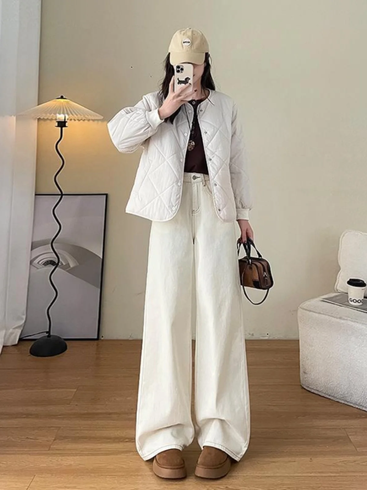 Jeans Larghi a Gamba Larga da Donna, Vita Alta, Slim Fit, Pantaloni Lunghi, Nuovi Pantaloni Casual Beige Primavera Estate