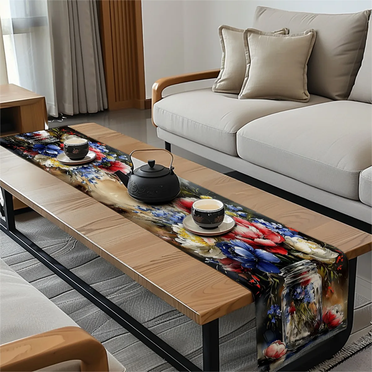 decoration table runner Peonies and Hydrangea Watercolor Painting,  Artistic Style Tablecloth for festival home party decor,avai