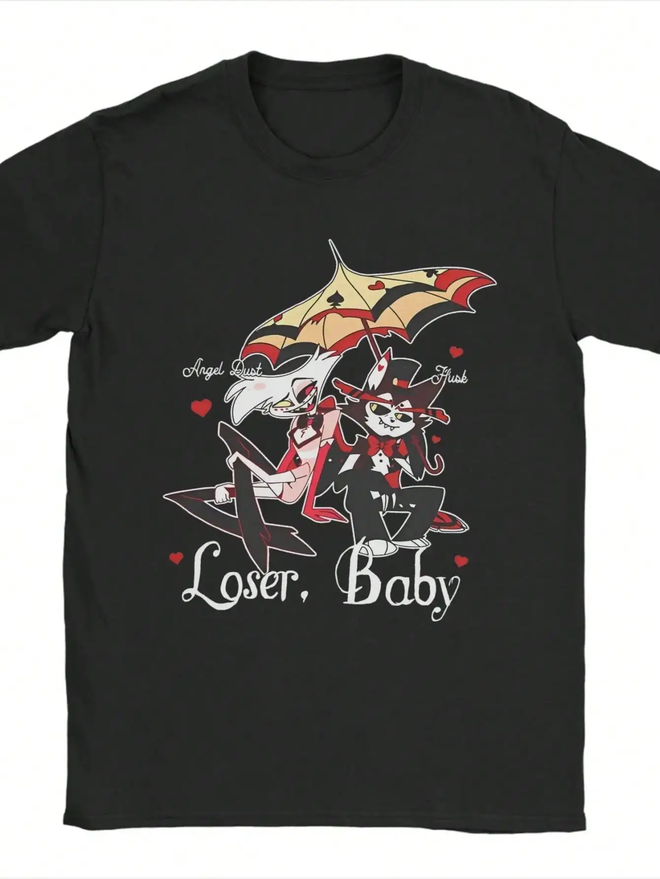 

Black Graphic T-Shirt with Cartoon Characters and Hearts Design, 100% Cotton Crewneck Short Sleeve