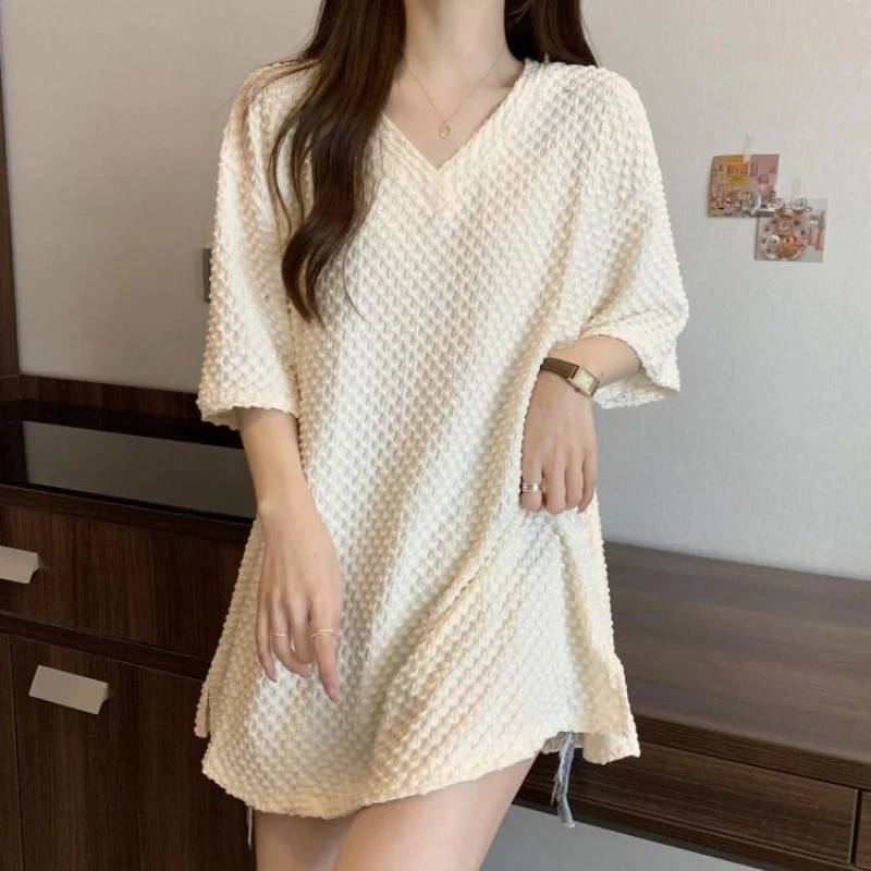 

Lazy Style Plus Size V Neck Tops Women Clothing Short Sleeve Loose Solid Youth Trend Casual T Shirts Summer New Fashion Korean