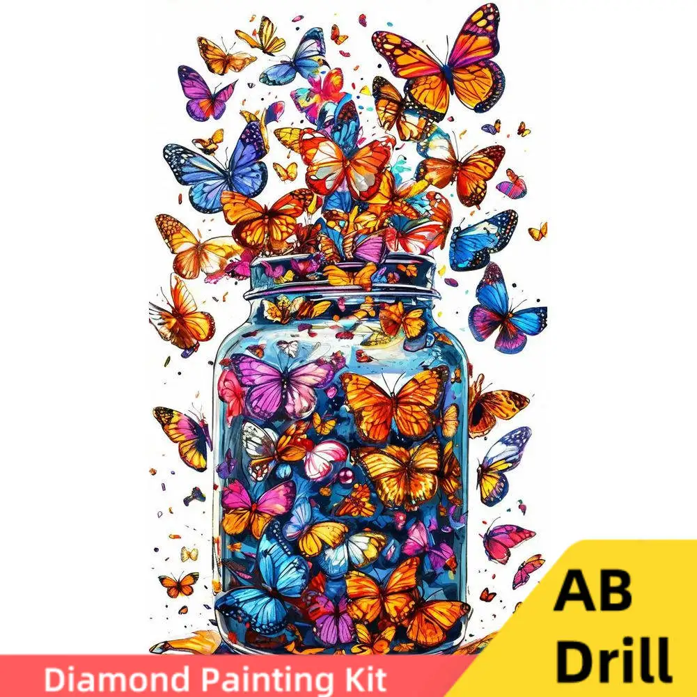 

AB Drill Diamond Painting Glass Jar of Butterflies 5D DIY Diamond Embroidery Kit Rhinestone Mosaic Abstract Nature Wall Art