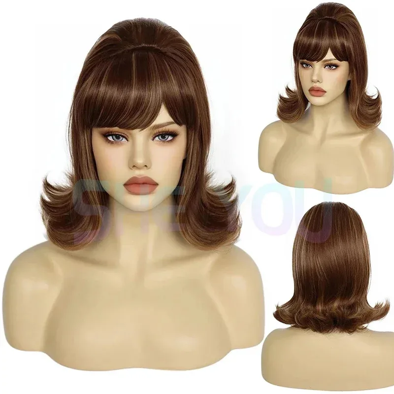 Synthetic hair short 70s pinup pelucas 60s black retro beehive flip wigs for women wig cap