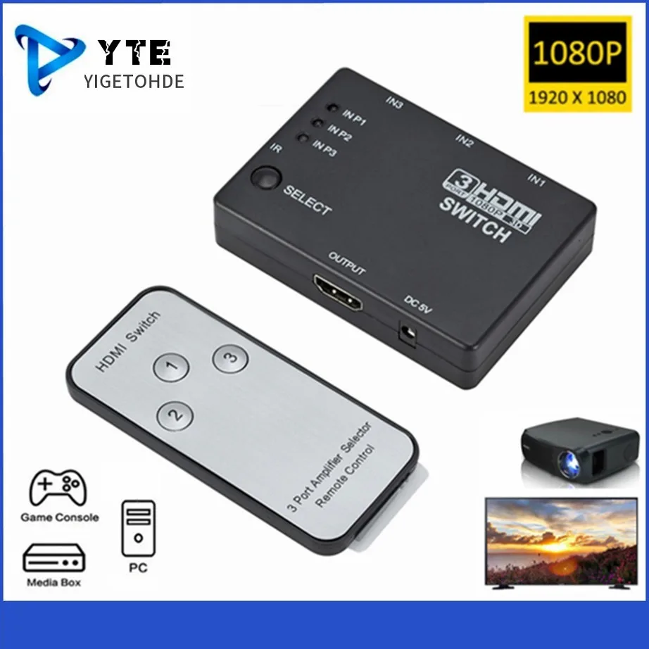 

YIGETOHDE HDMI Splitter 3 In 1 Out Switcher 3 Port Hub Box Auto Switch 3x1 1080p HD 1.4 With Remote Control for HDTV XBOX360 PS3