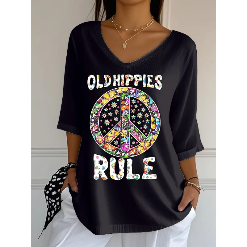 ilstile Women's Old Hippie Flower Print T-Shirts Summer 3/4 Sleeve Casual Loose T Shirt V Neck Tops Tees New Arrival