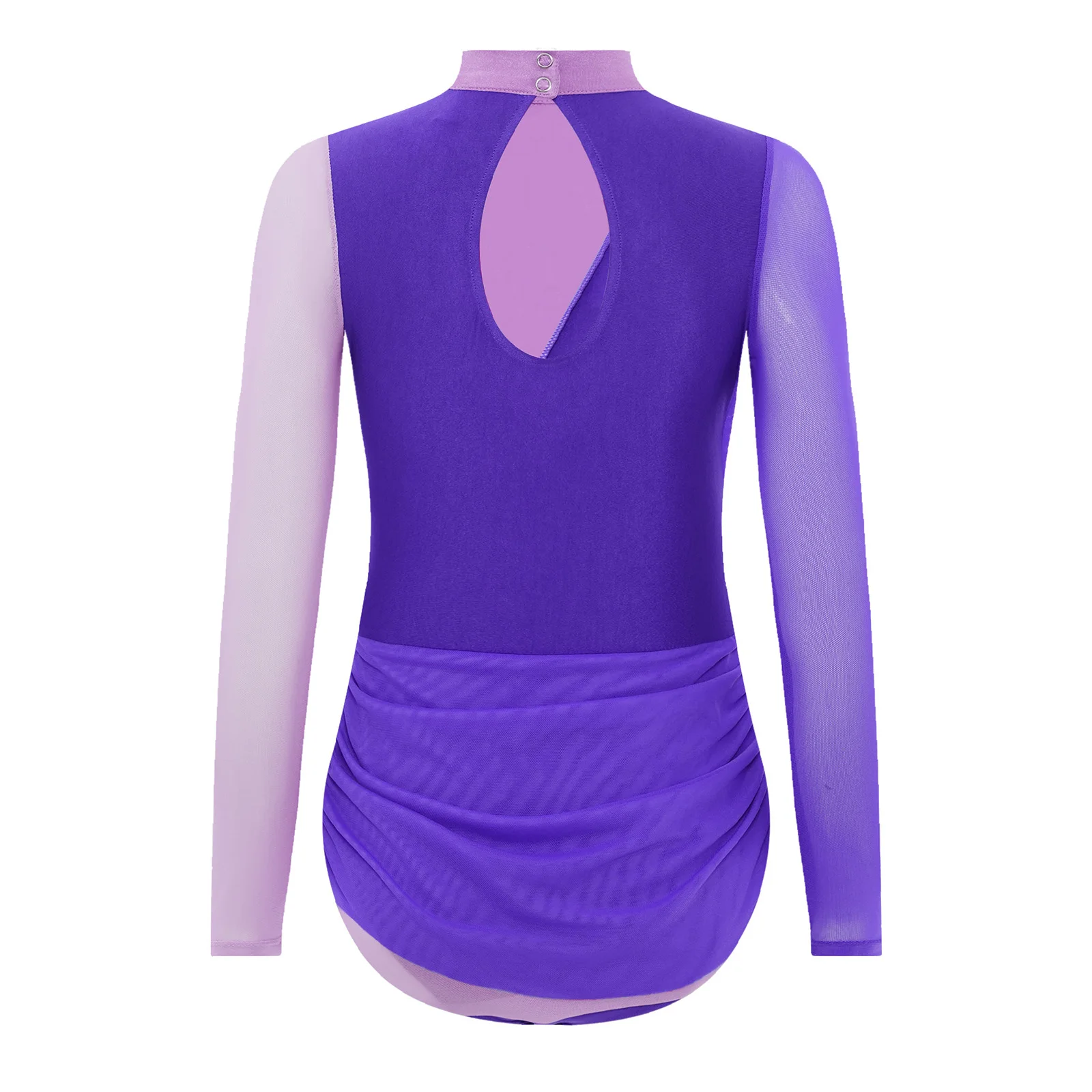 Kinder Mädchen Eiskunstlauf Ballett Tanz Body Applikation Lange Ärmel Farbblock Gerafftes Trikot Kleid für Ballett Ballsaal Tanz