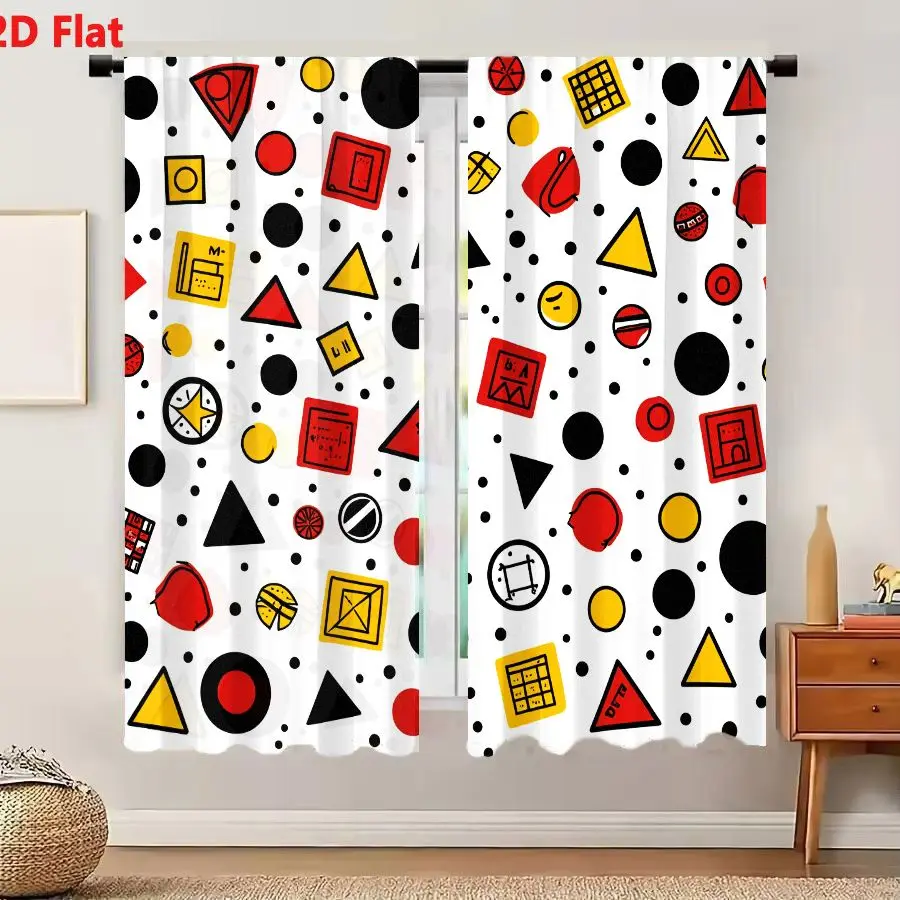2Pcs Curtains 2D Flat Playful Repeating Geometric Shapes Symbols Pattern On White Background With Red Yellow Black Colors And Ch