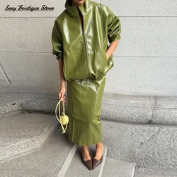 Pu Leather Jacket Skirt Sets Stand Collar Loose Coat Low Waist Solid Long Skirt Autumn Coats Skirt Sets 2025 New Lady Outfits
