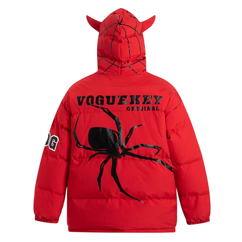 Men Full Zip Up Puffer Jackets Spider Printed with Bags Design Padded Jacket Devil Horns Thick Warm Bubble Coats Unisex