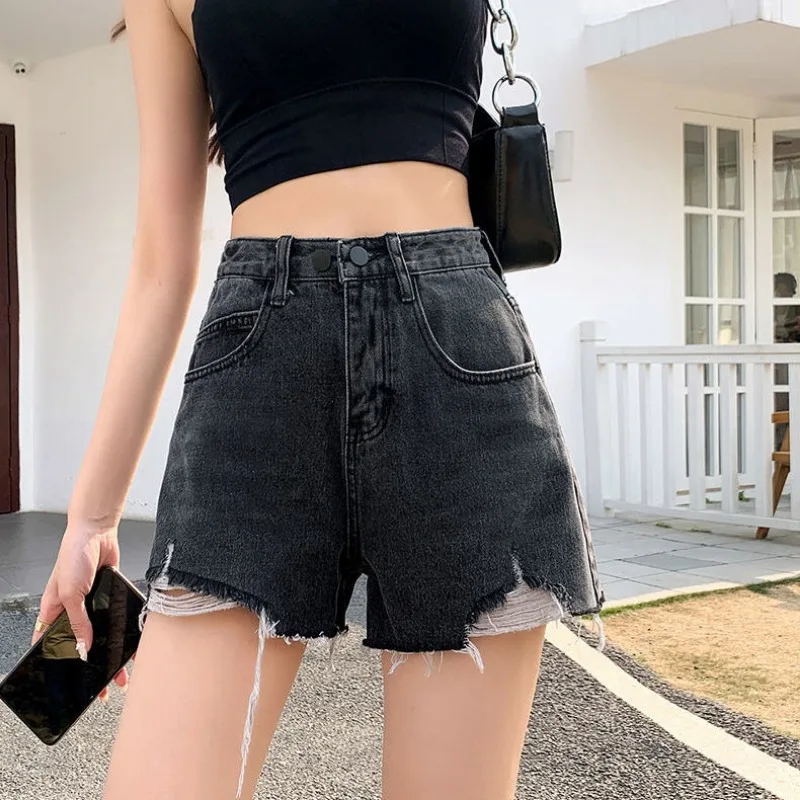 

Шорты с высокой талией для женщин, летние повседневные универсальные шорты трапециевидной формы для молодых девушек, новые модные джинсовые крутые потертые корейские стильные шорты