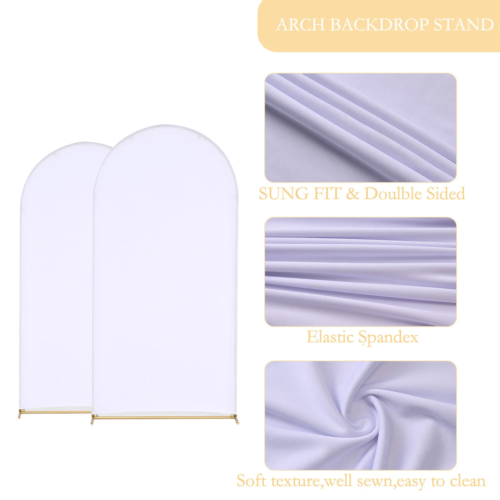 Wedding Arch Backdrop Stand and Cover Set, 6.6FT/5.9FT/4.9FT, 3 Gold Metal Arch Stands with 3 White Spandex Arch Covers for Part