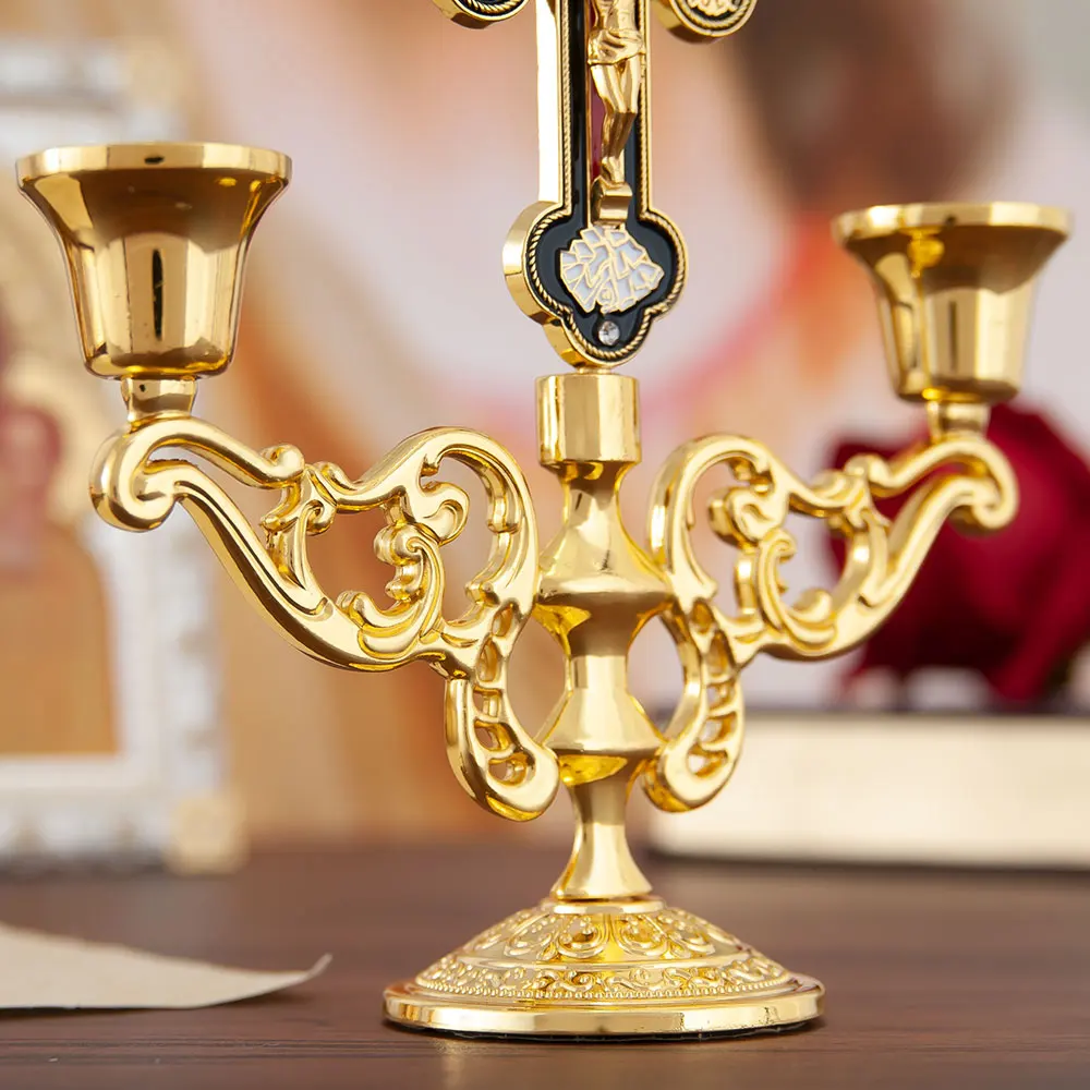 HTISOK Orthodoxer Kreuz-Kerzenhalter, Jesus-Kerzenhalter, vergoldeter Kerzenhalter aus Zinklegierung, Kirchenbedarf, religiöses Geschenk – Detail 5