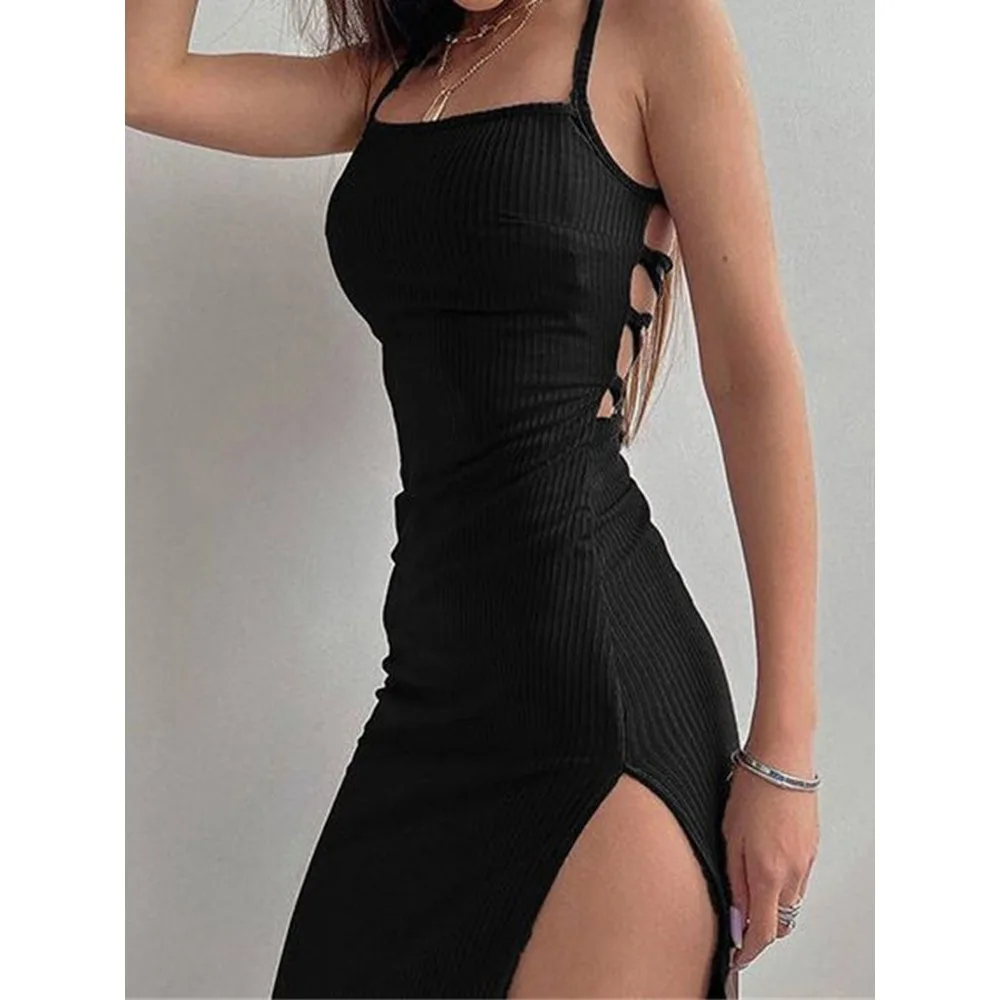 

Sexy Black Long Bodycon Dress Women Summer Sleeveless Blackless Halter Neck Spaghetti Strap Dresses High Split Vestidos OK