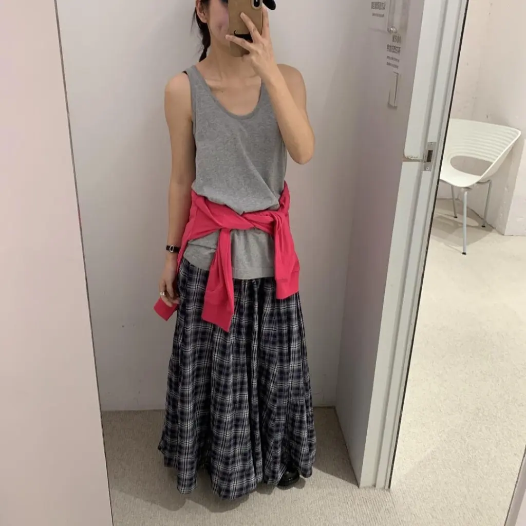 

Summer Pure Cotton Blue Plaid Oversized Hem Long Skirt Designer Brand South Oil Women's Wholesale