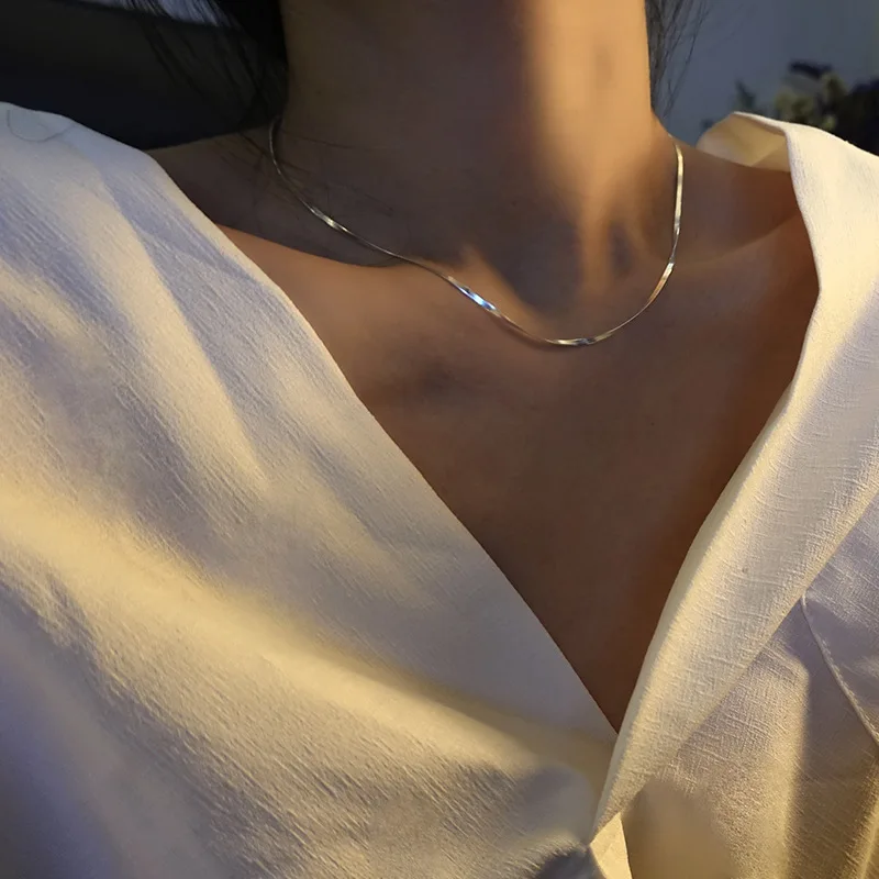 Basic Style 925 Sterling Silver Snake Bone Chain Pendant Necklace for Women Girl Collarbone Chain Charm Jewelry Accessories Gift
