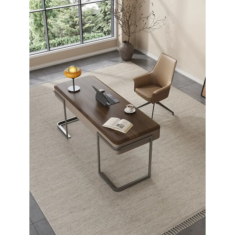 Luxury Solid Wood Desk Modern Minimalist Saddle Leather Home Office Computer Table Walnut Veneer
