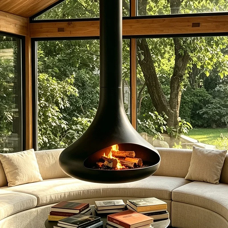 Minimalist Suspended Fire Feature with Smooth Curve Design and Realistic Log Set Contemporary Indoor Hanging Fireplace
