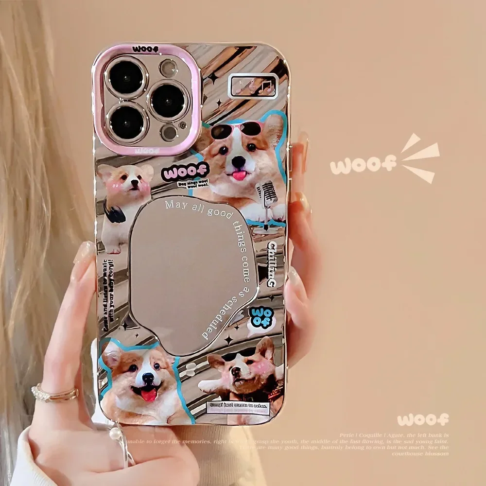 Stylish Plating  Wave Pattern Mirror Cartoon Puppy Dog Cover Case For iPhone 16 15 14 13 12 11 Pro Max 7 8 Plus X XR XS