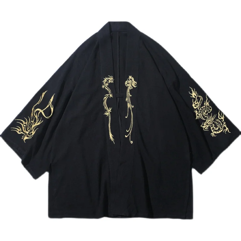 Embroidery Men\'s Trench Coat Cotton Hanfu Linen Chinese Style Robe Cardigan Jacket Casual Oversized Kimono 5XL Ancient Coat Male