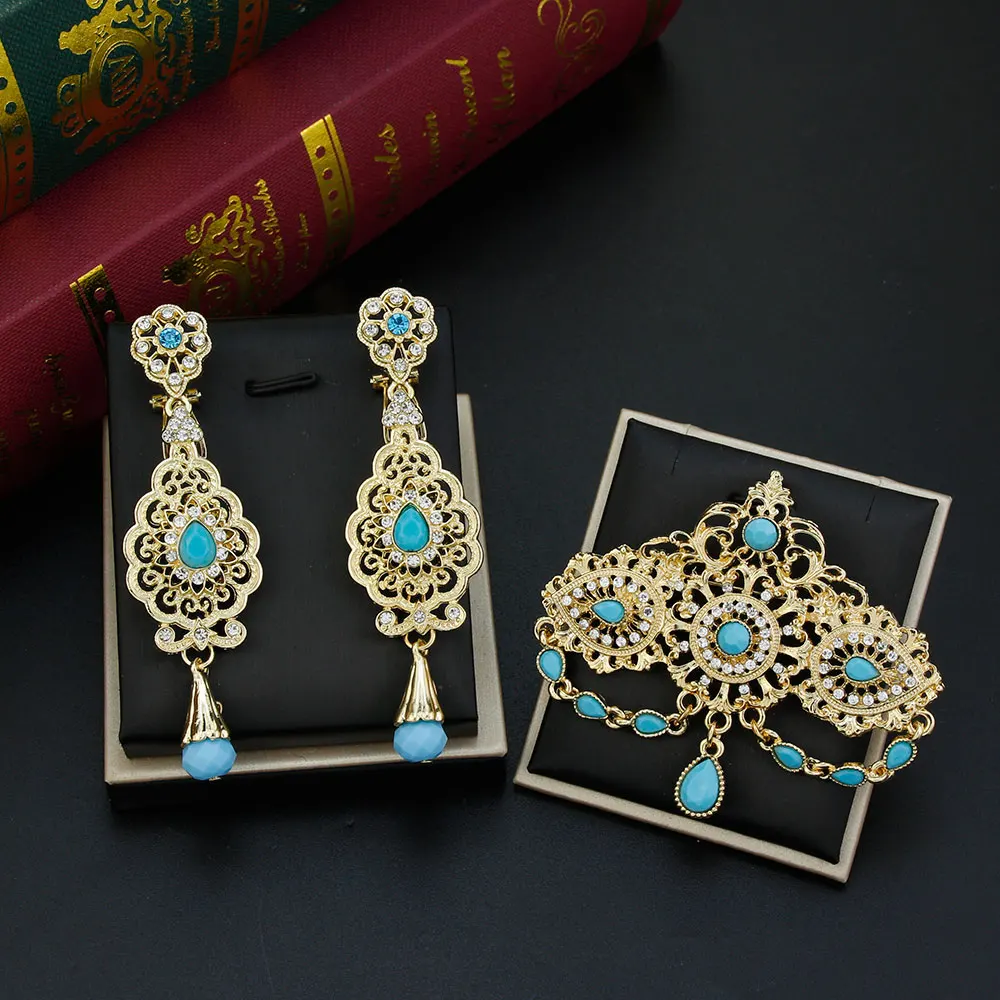Gold Color Morocco Caftan Brooch Pins Long Drop Earring Blue Crystal Bride Jewelry Set for Women Arabic Flower Bijoux