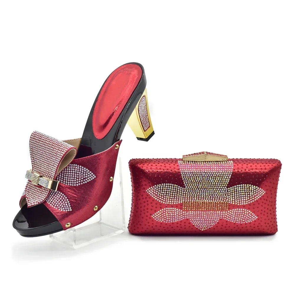 New Arrival Red Color Shoes and Bag Set Decorated with Rhinestone High Quality Matching Italian Shoes and Bag Sets for Wedding