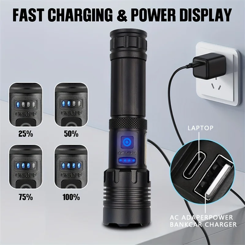 Super Powerful Rechargeable Led Flashlight Power Bank Tactical Flashlight With Display Camping Fishing Emergency Zoom Lantern