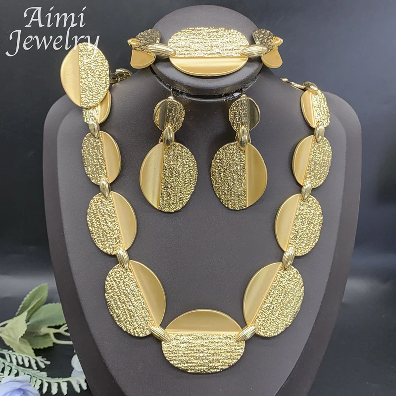 

Original Chunky Necklace Earrings Bracelet Ring 4Pcs Jewellery Set Gold Plated Jewelry Set Women African Party Wedding Gifts