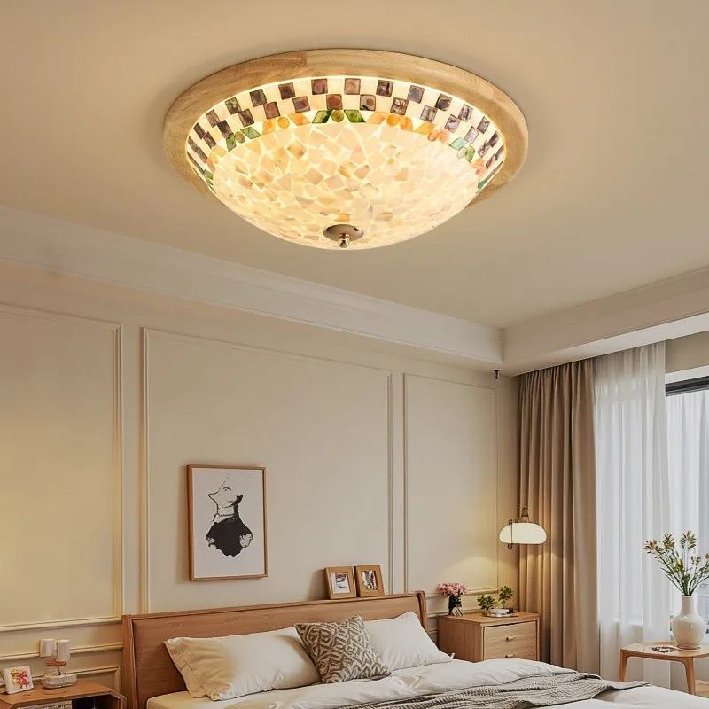 American Retro Shell Ceiling Lamp Bedroom Eye Protection Solid Wood Light Medieval Living Room Homestay Atmosphere Home Decorate
