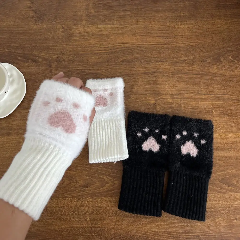 

Cute Cat Paw Half Finger Gloves Thicken Fingerless Gloves Warm Soft Knitted Gloves Winter