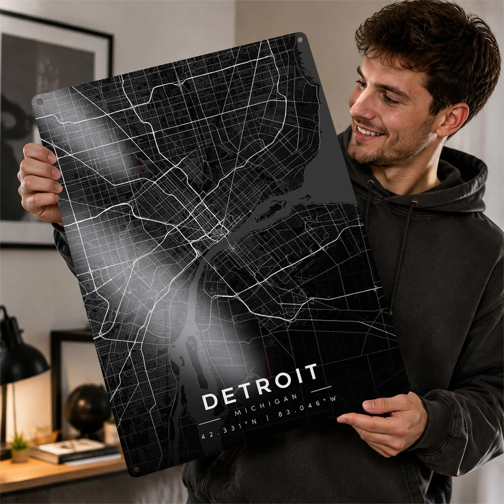 Detroit Michigan Map Textured Poster Personalized Aluminum Metal Sign City Network Layout Wall Art Enhances Library And Office