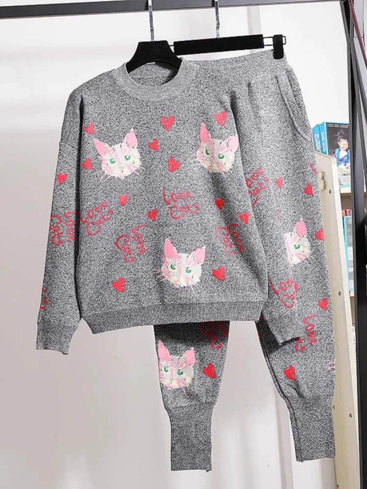 2026 New Sweater Kitty Printed Leggings Fashionable Y2k Suit Women's Spring Autumn Casual Sports Knitted Two-Piece Set Ladies