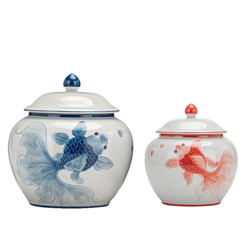 Hand-painted Carp Ceramic Storage Jar Household Sealed Tea Can Moisture-proof Coffee Bean Food Home Decor