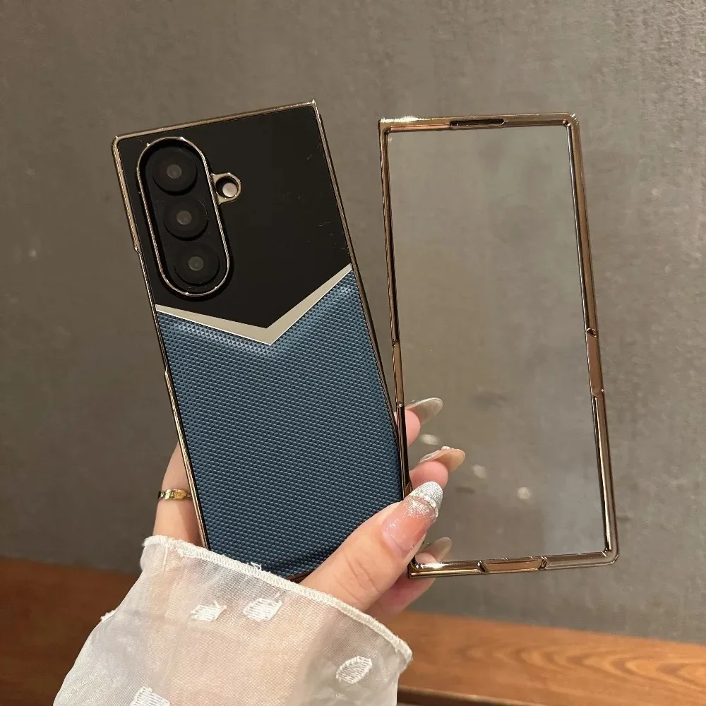 Galvanisierte Leder-Handyhülle für Samsung Galaxy Z Fold 6, 5, 4, 3, Fold7, luxuriöse, stoßfeste Abdeckung mit integriertem Displayschutz