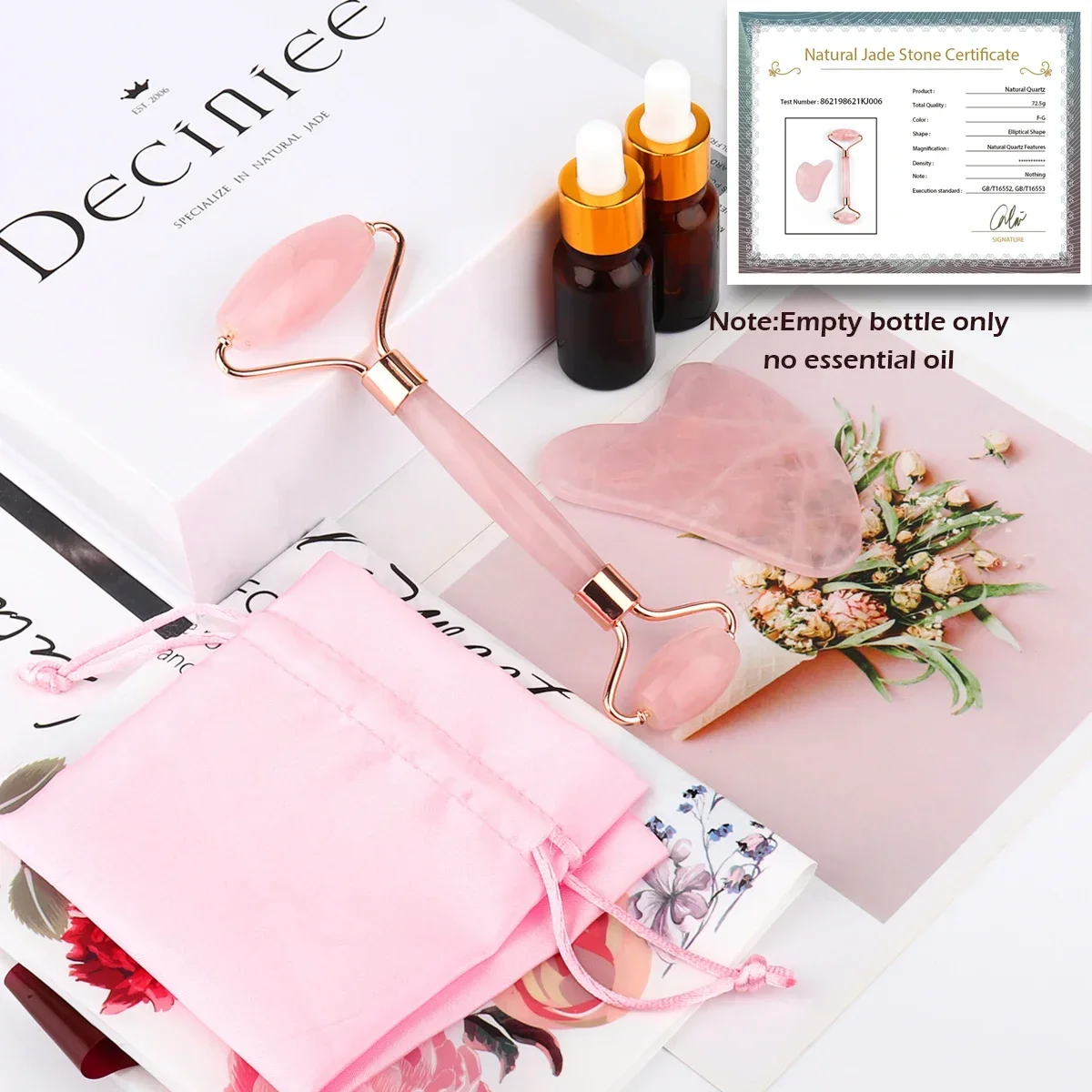 Natural Rose Quartz Jade Roller Gua Sha Set Facial Body Massager Gua Sha Scraper for Face Eye Neck Skin Care Tool Gift Bag Box