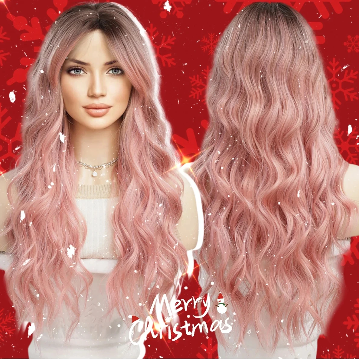 

Emmor-Synthetic Long Wavy Wigs with Bangs for Women, Cosplay, Natural Ombre, Black to Pink Hair, High Temperature Fiber