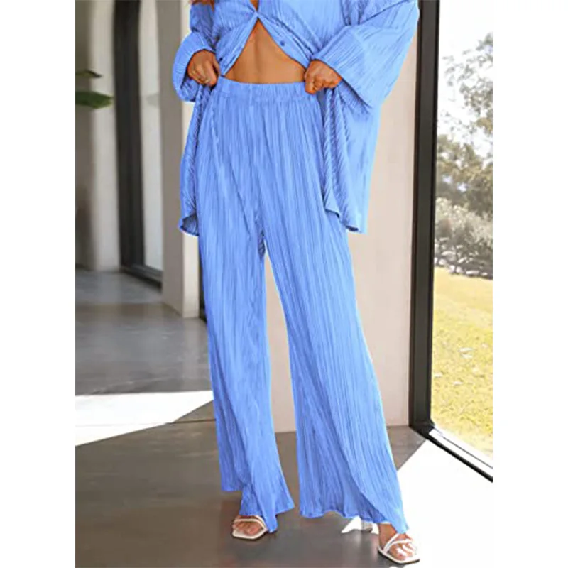 2023 women's Casual Lapel Pleated Shirt Two Piece Set Summer & Autumn Loose High Waist Straight Pants Elegant Female Tracksuit