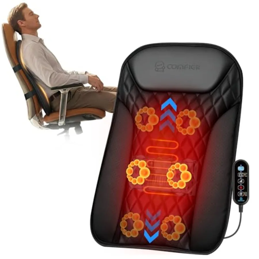 

Ultra-Slim Heated Back Massager for Chair with Deep Tissue Shiatsu Massage Nodes Heat Function Up-Down Movement 10 Nodes for Up